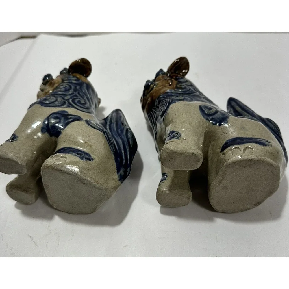 Vintage Japanese Foo Dogs Ceramic Pair Blue‎ 6 Inch Figurine